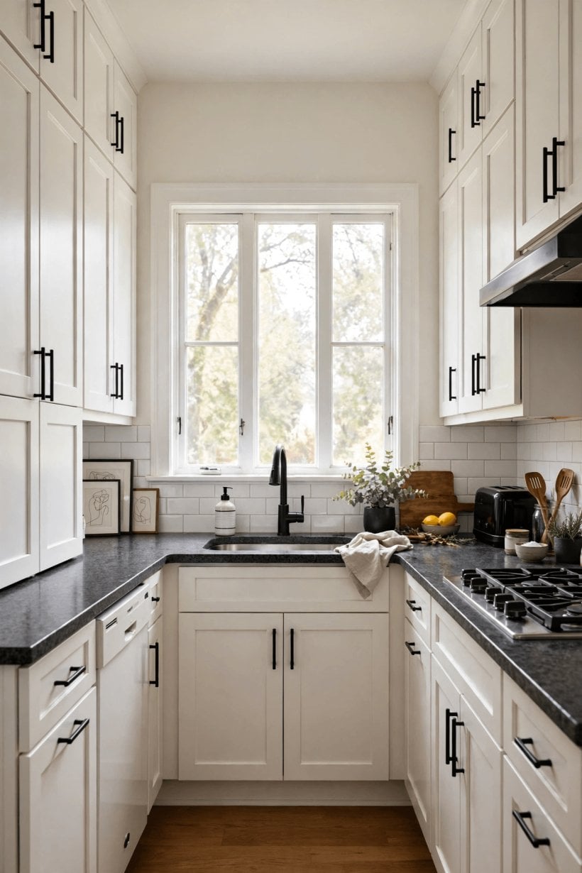 gray granite countertops with white cabinets