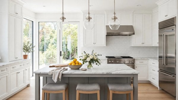 white kitchen grey island