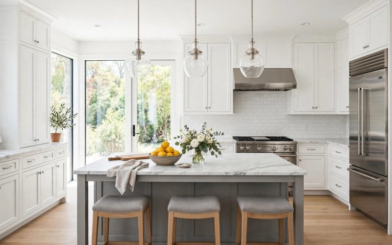 white kitchen grey island