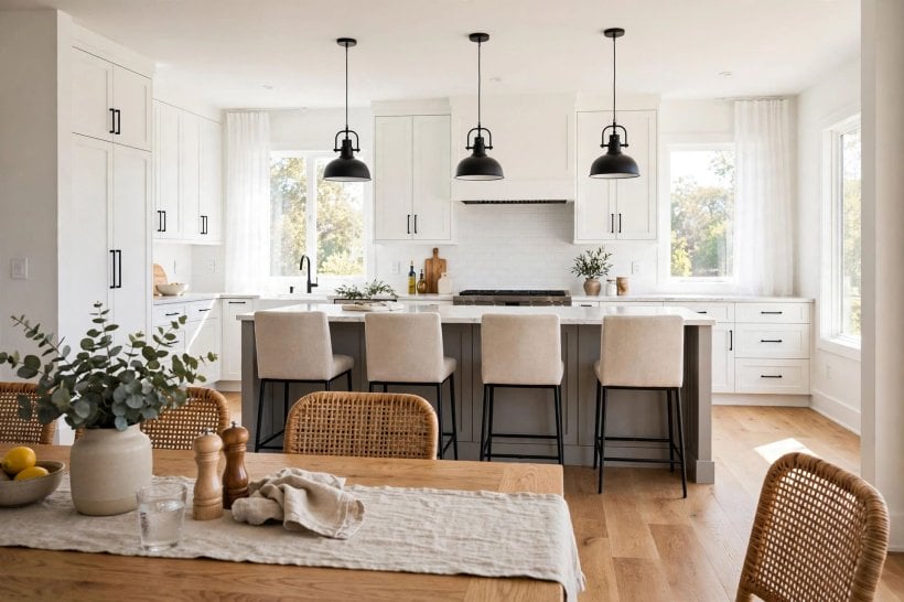 white kitchen grey island: bright white wall cabinets with a calm grey island at the centre of the room
