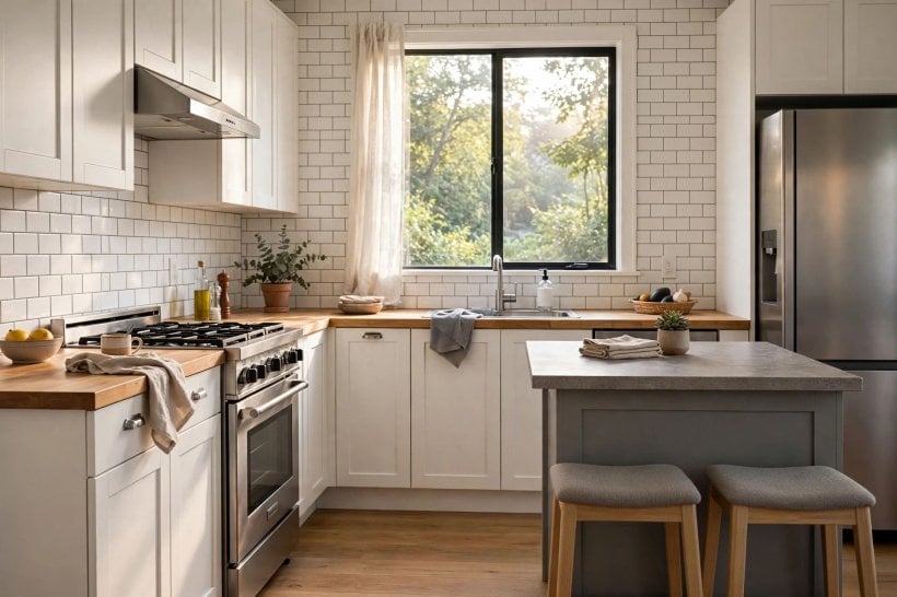white kitchen grey island: veined pale worktop bridging white cabinets and the grey island