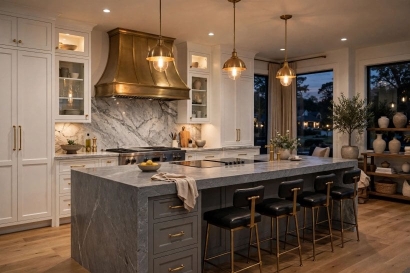 white kitchen grey island: black handles and a matching tap finishing white cabinets and the grey island