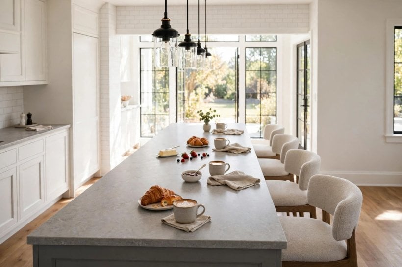 white kitchen grey island: warm timber floor and soft wall colour around white cabinets and a grey island