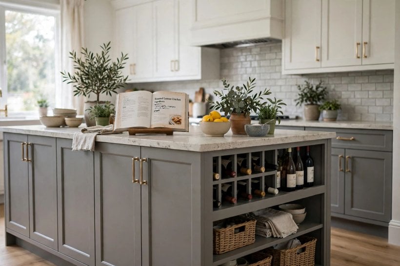 white kitchen grey island: stools tucked beneath the island overhang, with drawers on the cooking side