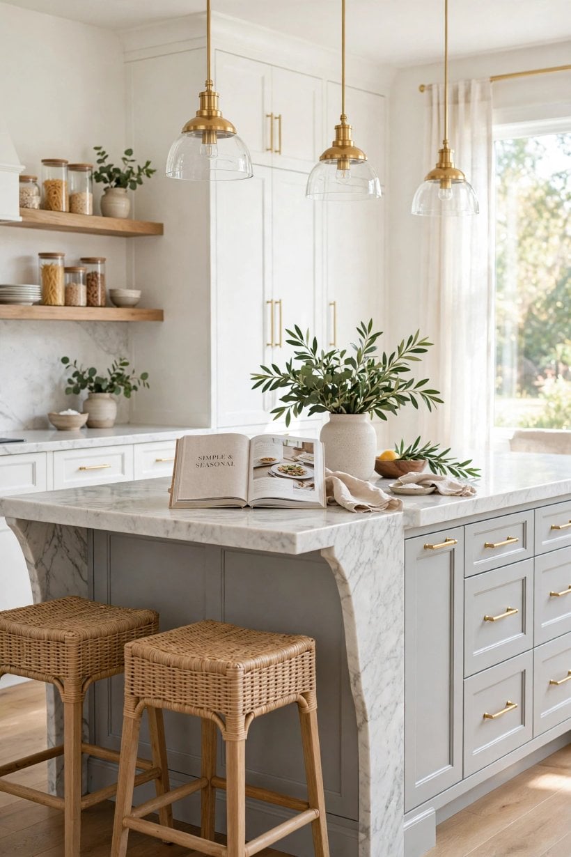 white kitchen grey island