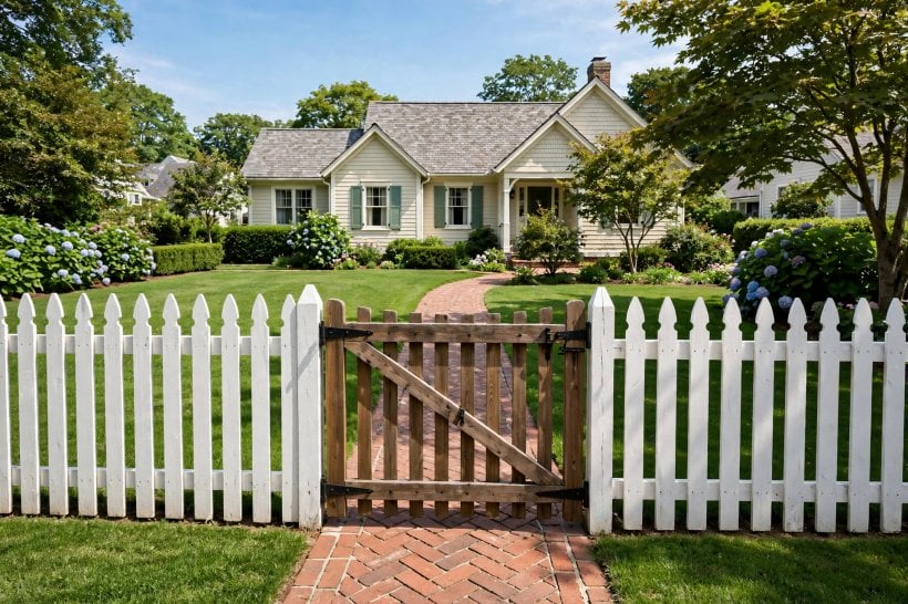 white picket fence: classic pointed pickets along a front garden path