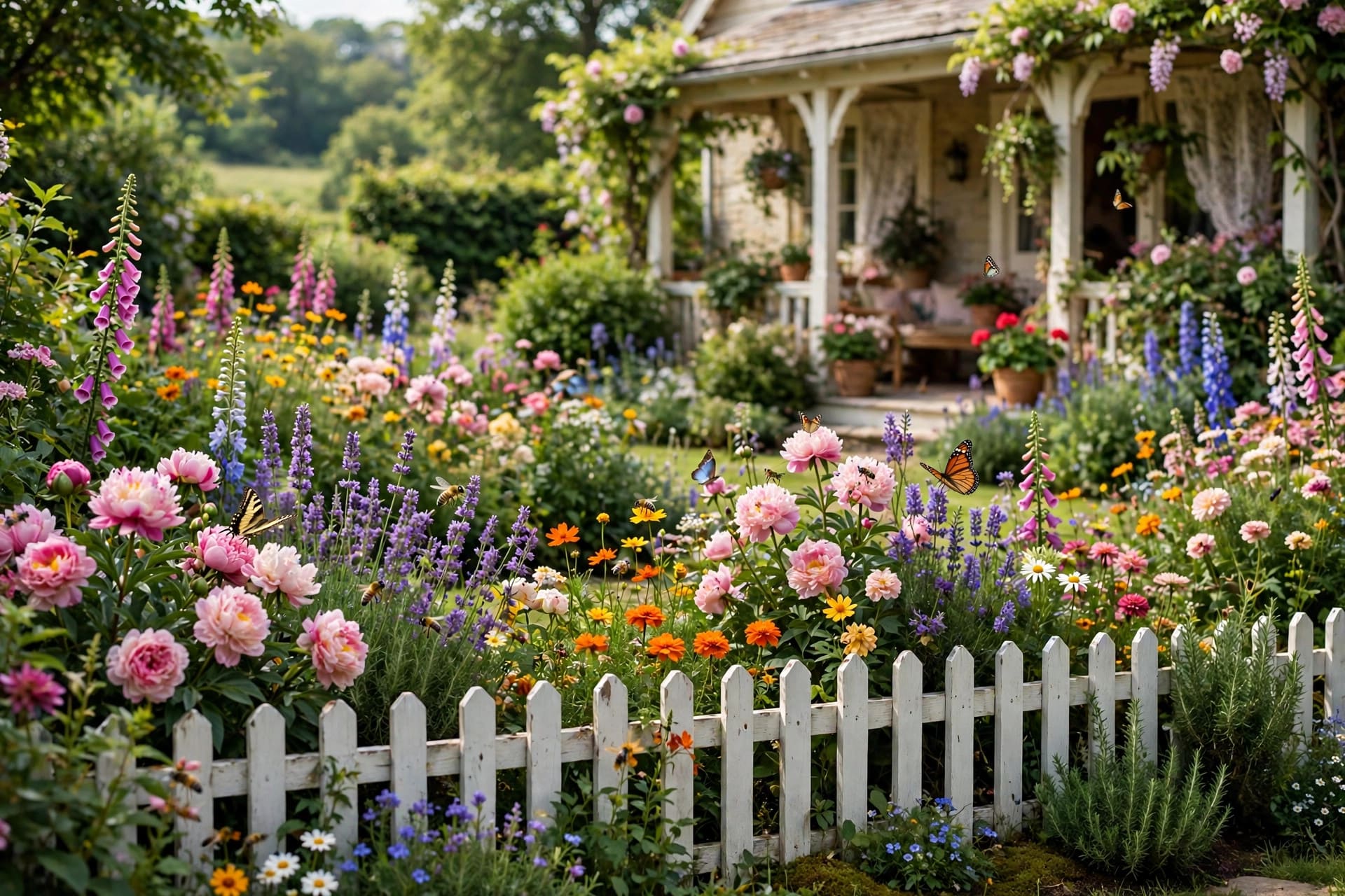 white picket fence: scalloped top rail beside cottage planting