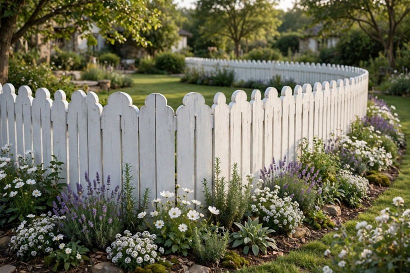 white picket fence: wide gate opening framed by roses