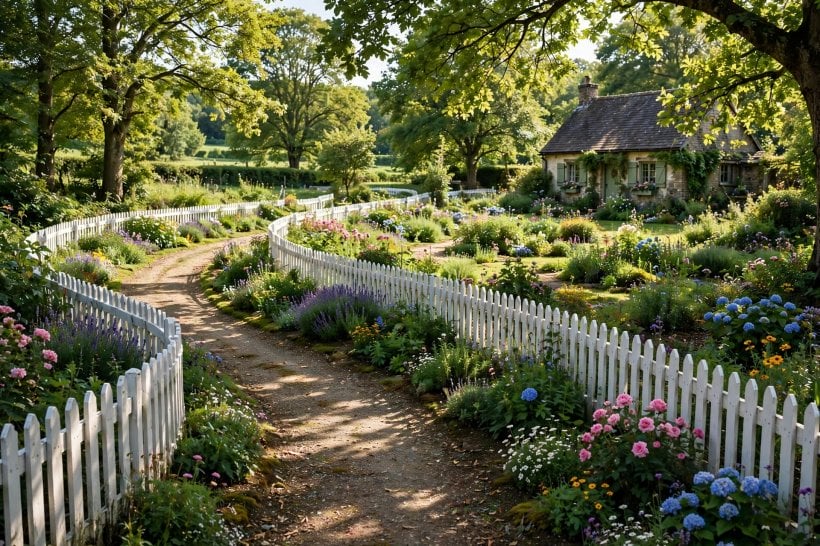 white picket fence: low panels edging a lawn and driveway