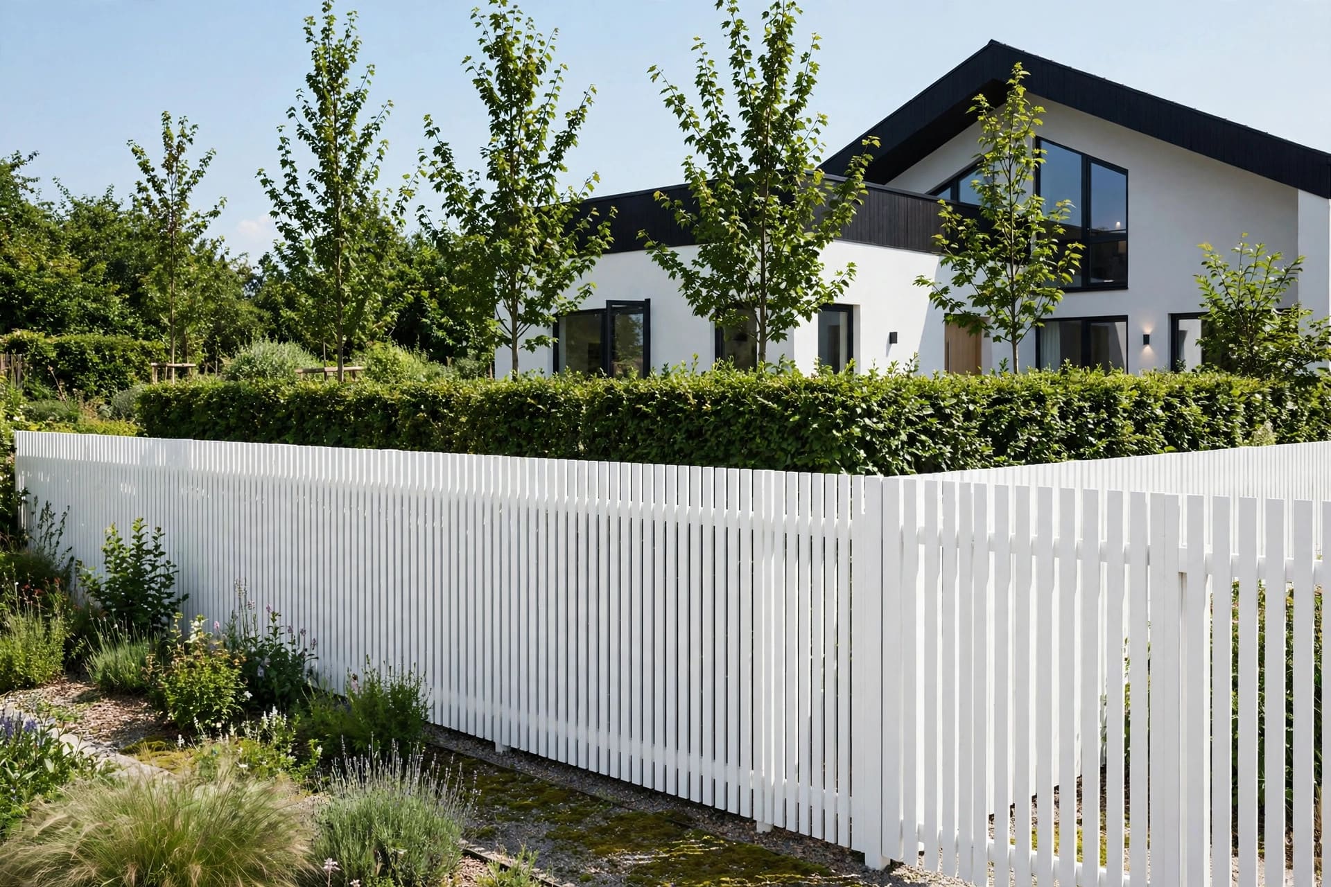 white picket fence: taller side run along a garden boundary