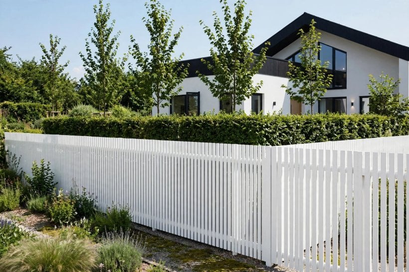 white picket fence: taller side run along a garden boundary