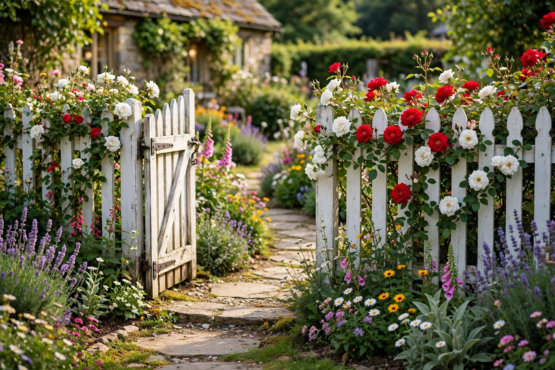 white picket fence: freshly painted panels with flower beds in front