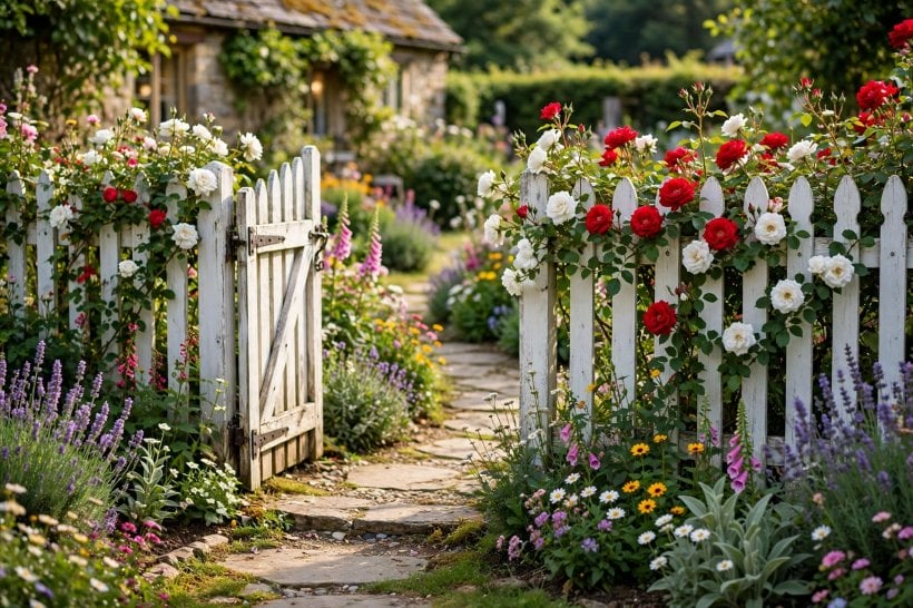 white picket fence: freshly painted panels with flower beds in front