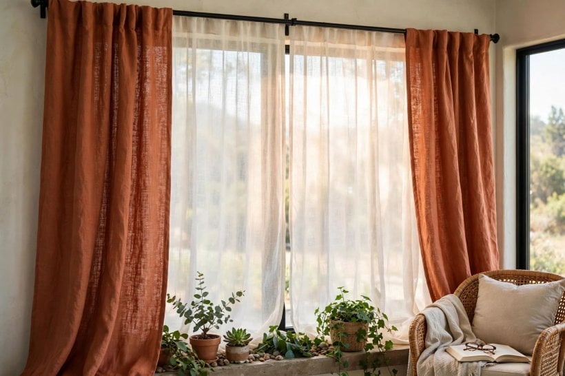 curtain ideas for wide windows: two pairs of panels dressing a wide living room window