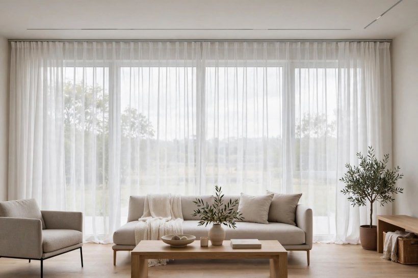 curtain ideas for wide windows: roman blinds repeated across a wide span