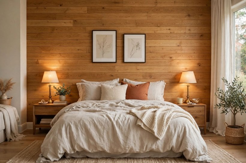 wood accent wall: wide pale panels behind a sofa in a calm modern living room