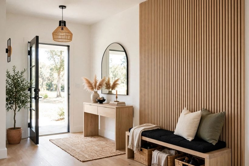 wood accent wall: horizontal planks widening a narrow hallway with warm natural timber