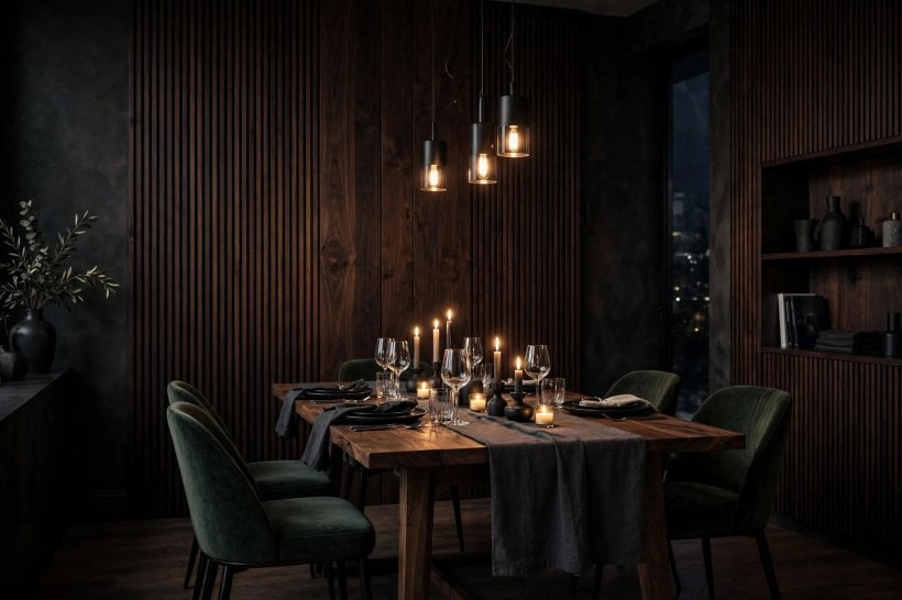 wood accent wall: vertical slatted timber over a dark backing in a contemporary media room