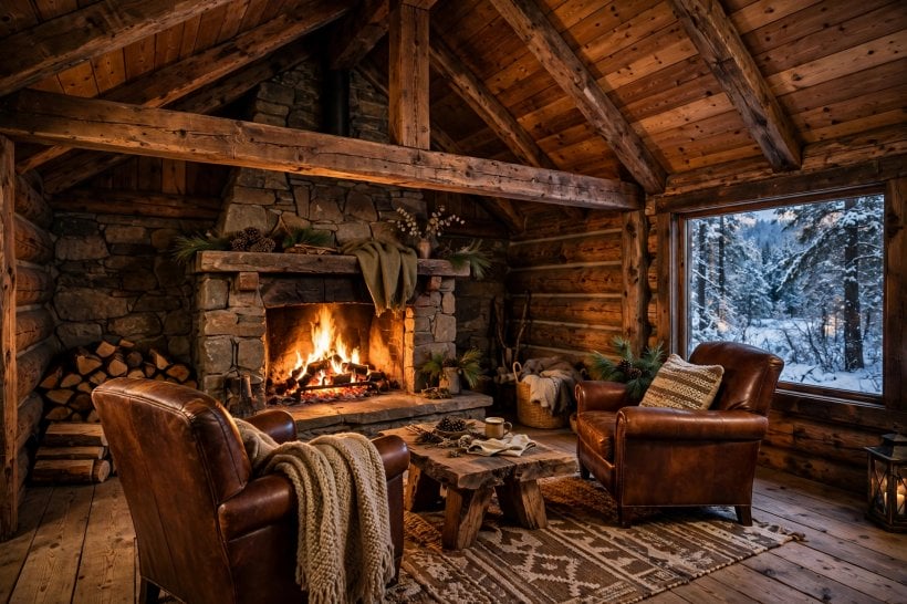 wood ceiling ideas photos: chunky beams over a relaxed sofa arrangement