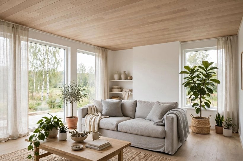 wood ceiling ideas photos: honey-toned boards above a grey sofa