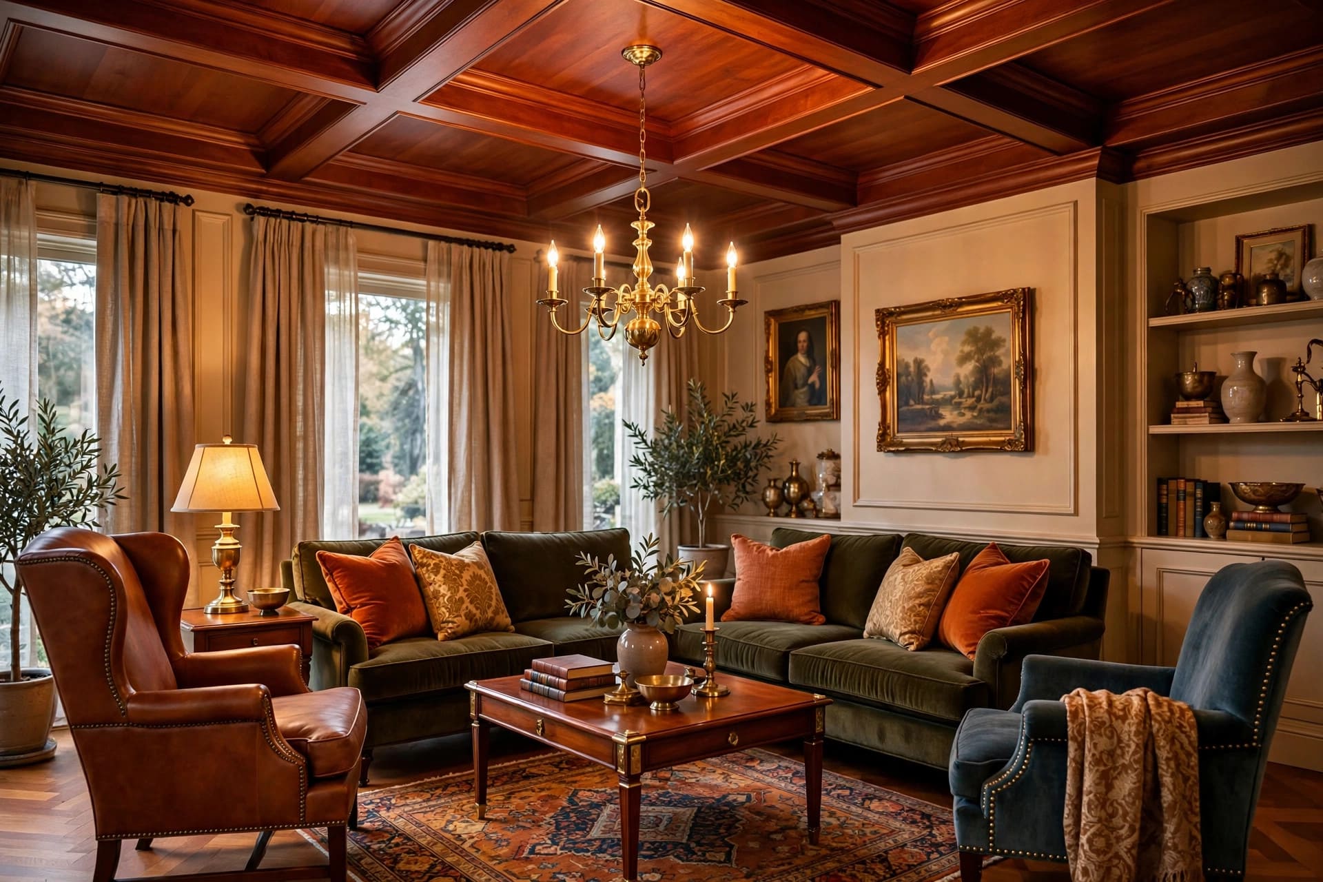 wood ceiling ideas photos: low linen sofa centred under a boarded ceiling
