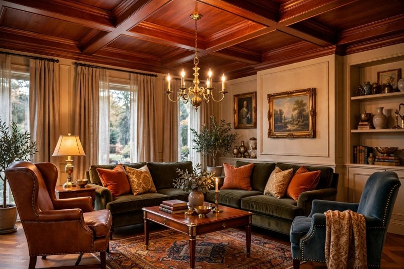 wood ceiling ideas photos: low linen sofa centred under a boarded ceiling