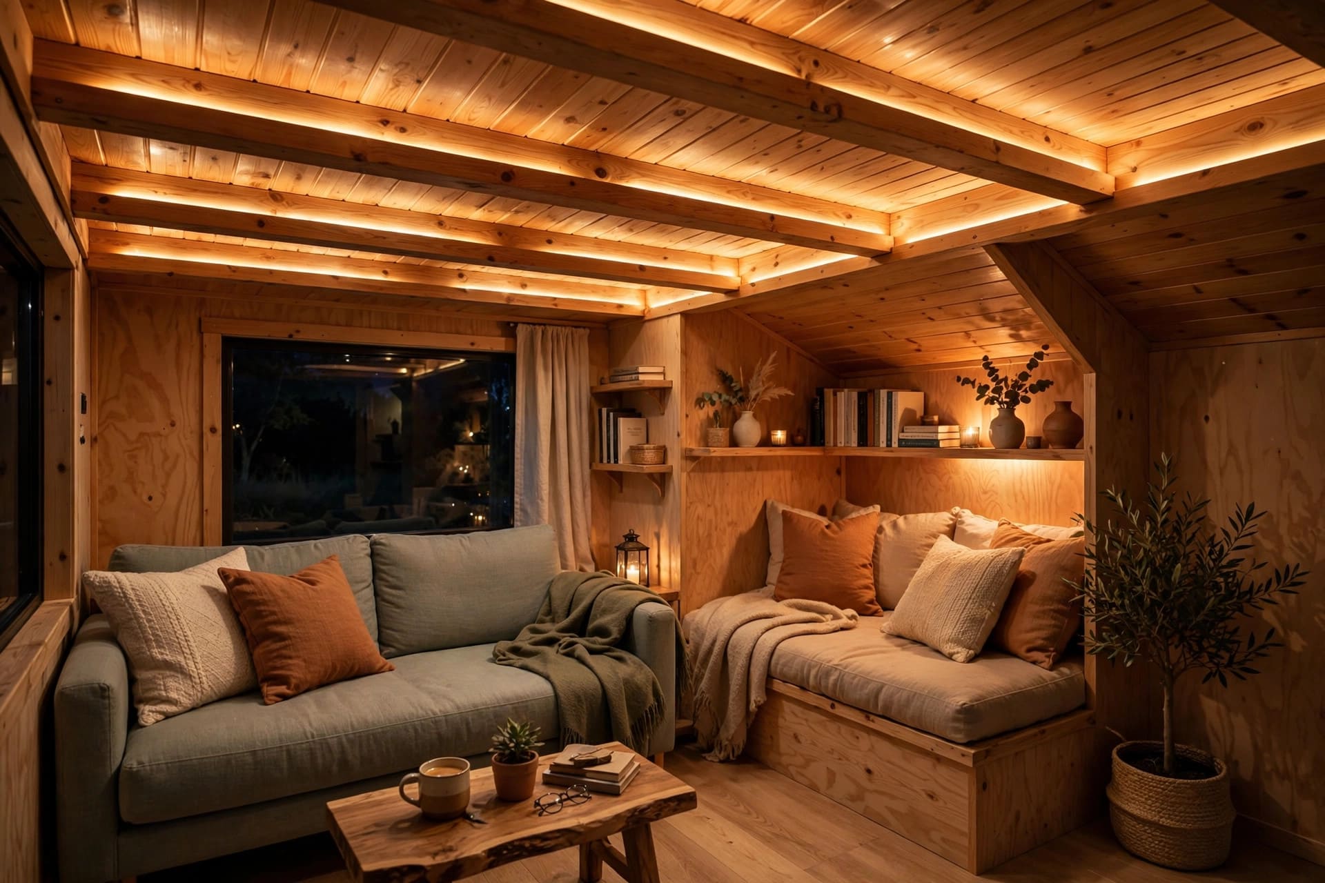 wood ceiling ideas photos: small living room warmed by a pale timber ceiling