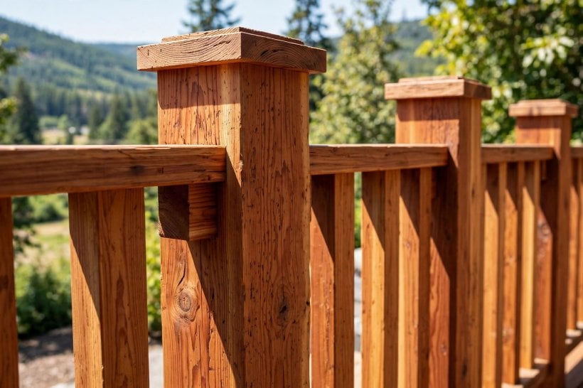 arts and crafts wooden deck railing styles: square posts and clean Craftsman lines on a wood deck