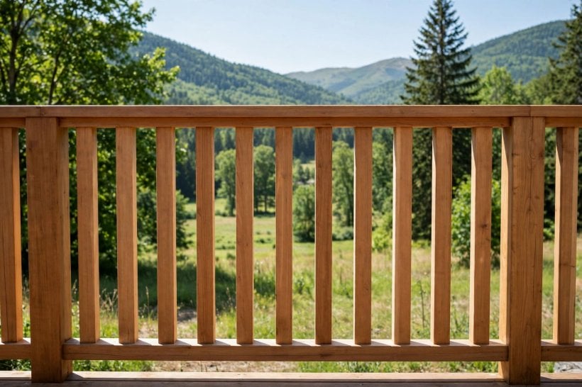arts and crafts wooden deck railing styles: evenly spaced square balusters between sturdy posts