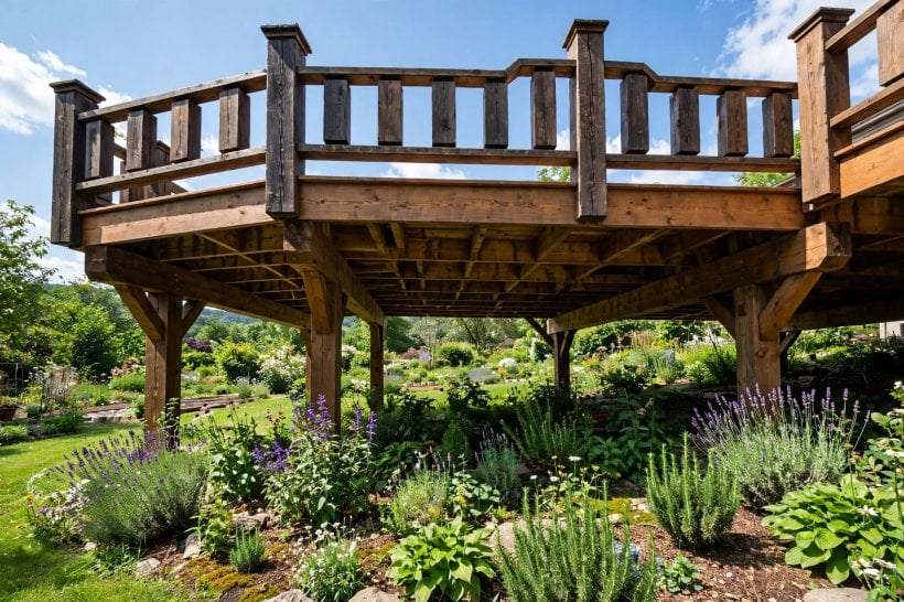 arts and crafts wooden deck railing styles: built-in bench and planter details along the railing
