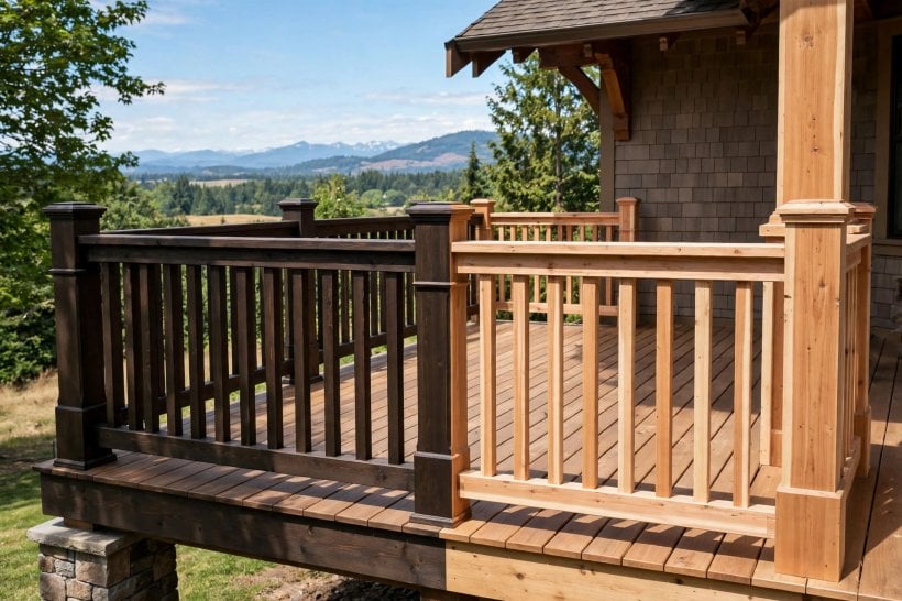 arts and crafts wooden deck railing styles: stair railing with a continuous graspable handrail