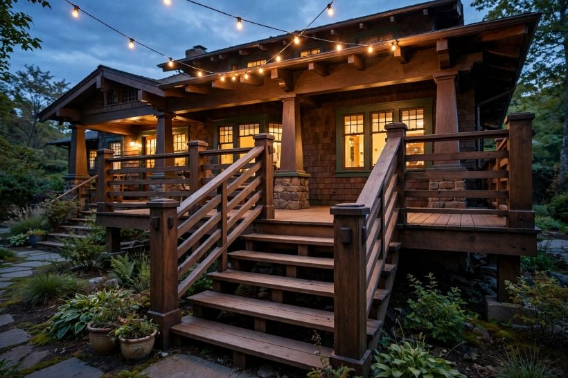 arts and crafts wooden deck railing styles: wood railing softened with dark metal baluster accents