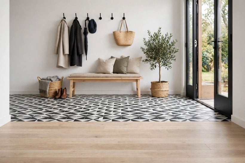wood to tile transition: prepared subfloor at the join