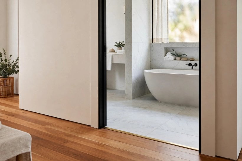 wood to tile transition: join centred in a doorway