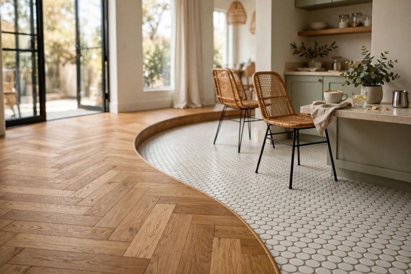 wood to tile transition: neat grout line at the boundary