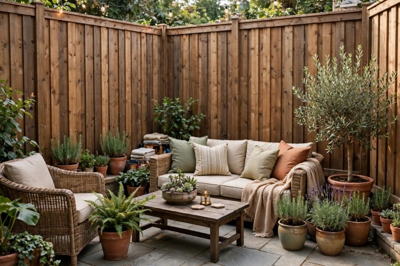 wooden fence styles: classic white picket fence with cottage planting