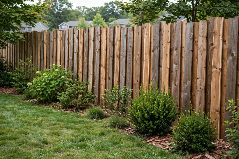 wooden fence styles: horizontal slatted fence in a modern garden