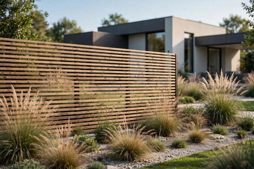wooden fence styles: rustic wooden fence in a garden setting