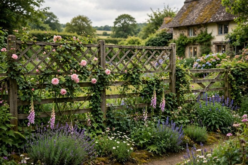 wooden fence styles: dark stained fence panels behind green planting