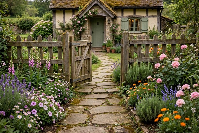 wooden fence styles: sturdy posts and rails on a garden boundary