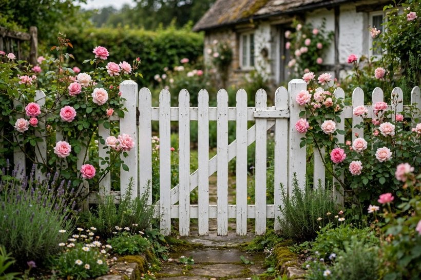 wooden gate: single garden gate in a cottage fence line