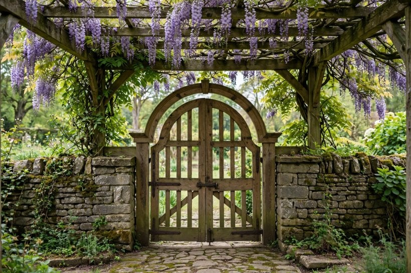 wooden gate: sturdy posts and a wide driveway pair