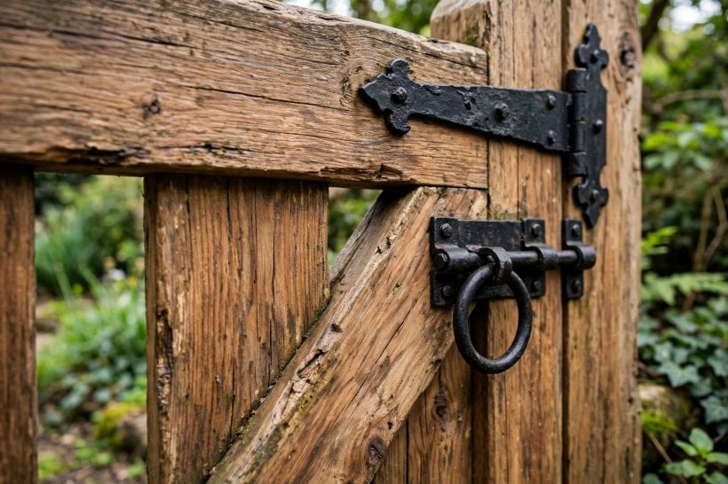 wooden gate: black strap hinges and ring latch detail