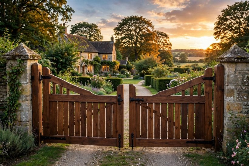 wooden gate: garden gate with climbing rose and lantern light