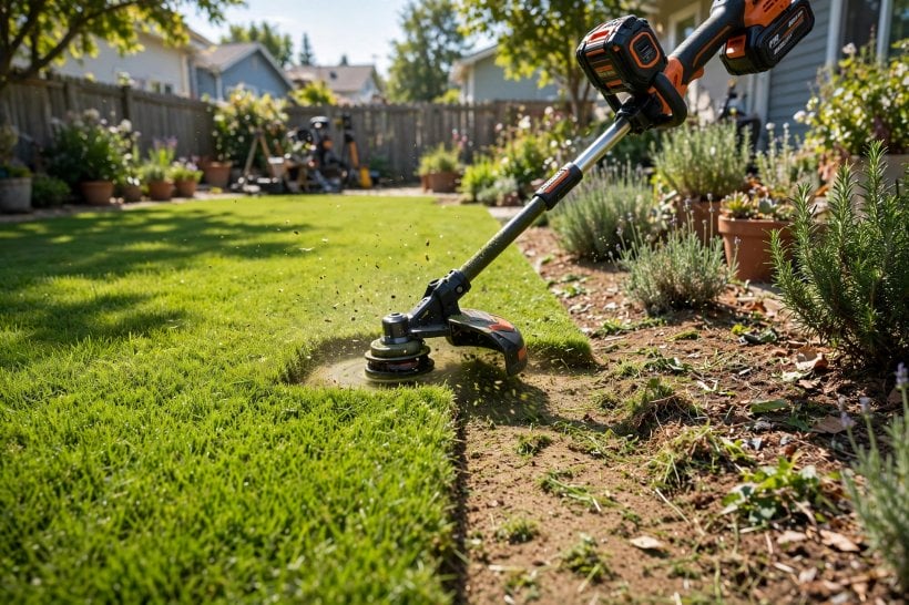 worx gt revolution review: cordless trimmer tidying a small lawn edge