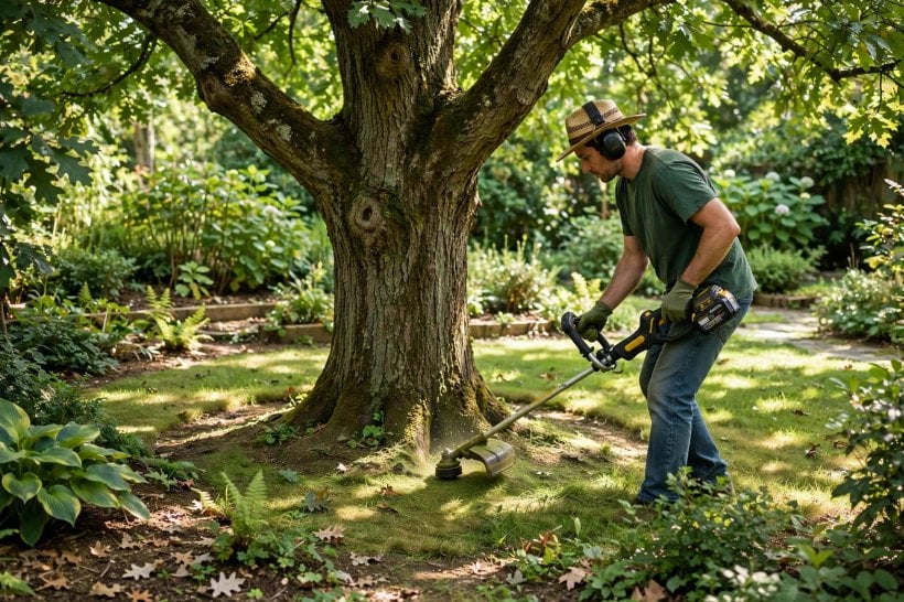 worx gt revolution review: trimmer set up for edging along a path