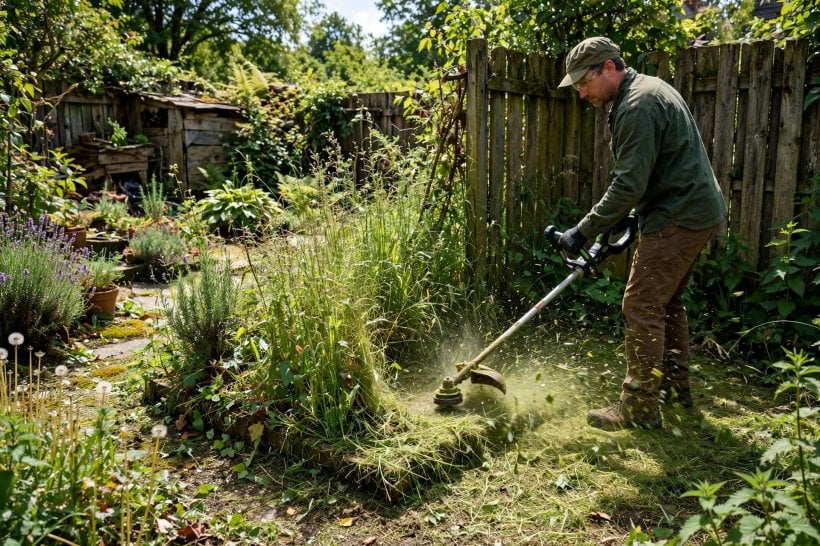 worx gt revolution review: storing the trimmer in a small shed