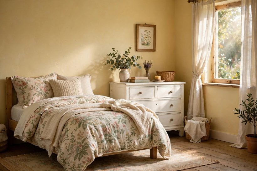 yellow walls bedroom: white bedding against warm walls