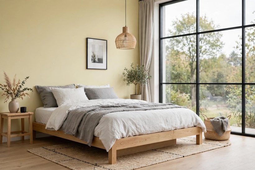 yellow walls bedroom: curtains softening the light