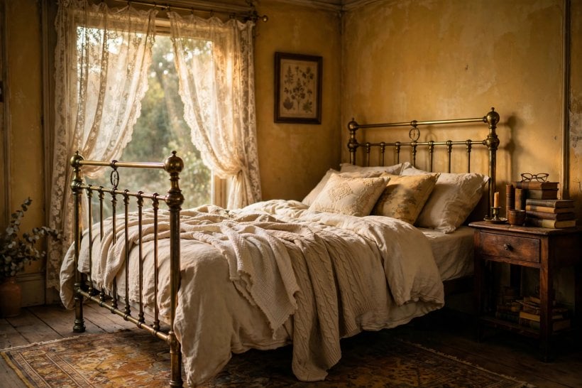 yellow walls bedroom: timber furniture and bedside tables